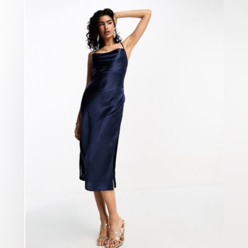ASOS DESIGN Womens Navy Blue High Shine Satin Midi Slip Dress